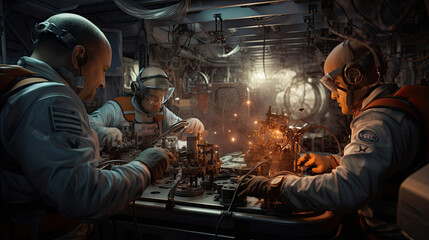 Fototapeta na wymiar Astronauts conducting experiments aboard a space station
