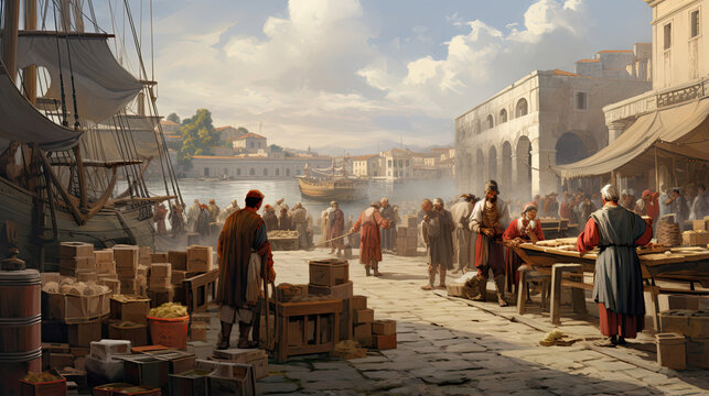 Ancient Roman merchants selling wares at a port