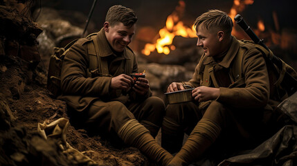 World War I soldiers bonding in the trenches