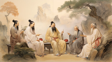 Fototapeta na wymiar Ancient Chinese philosophers discussing wisdom