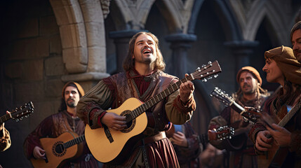 Medieval troubadours performing songs in a courtyard