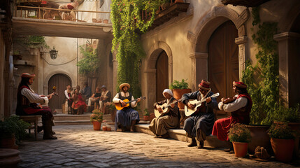 Medieval troubadours performing songs in a courtyard - obrazy, fototapety, plakaty