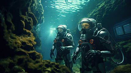 Naklejka na ściany i meble Futuristic astronauts exploring the depths of an alien ocean