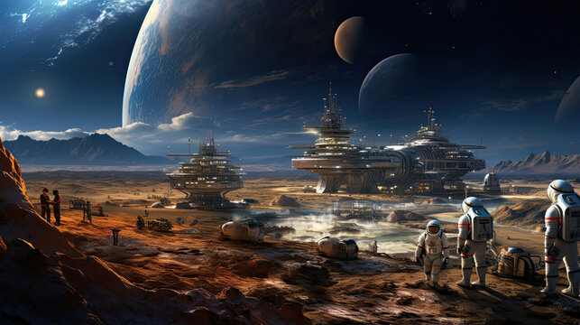 Astronauts assembling a space colony on another planet