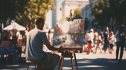 Artists painting en plein air in a vibrant city square