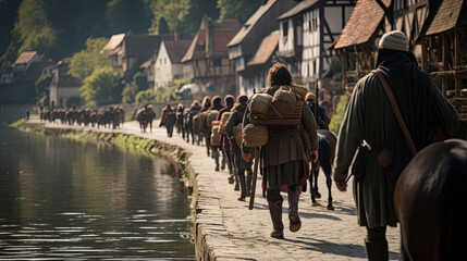 Pilgrims embarking on a medieval journey