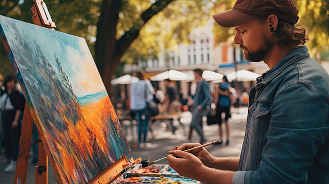 Artists painting en plein air in a vibrant city square