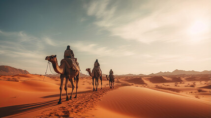 Nomads traversing a vast desert with camels - obrazy, fototapety, plakaty