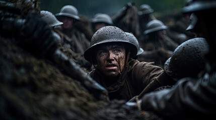 Soldiers in World War I trenches amidst conflict