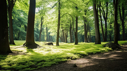 Fototapeta premium Tranquil forest glade with dappled sunlight filtering through trees