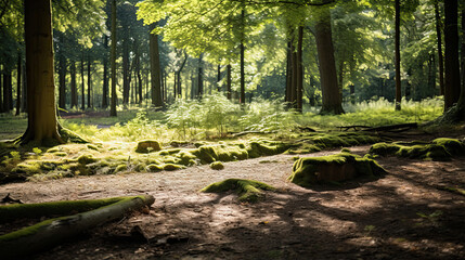 Tranquil forest glade with dappled sunlight filtering through trees