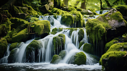 Naklejka na ściany i meble Serene waterfall cascading down moss-covered rocks