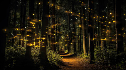 Enchanted forest illuminated by fireflies in the night