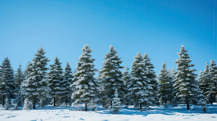 Obraz na płótnie Canvas Snow-capped pine trees standing against a clear blue sky