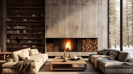 Dark loft living room with industrial style fireplace, large flo