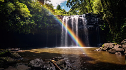 Vibrant rainbow over a waterfall in a lush rainforest