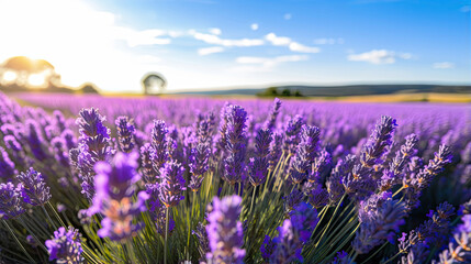 A field of lavender in full bloom stretching to the horizon