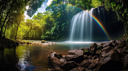 Vibrant rainbow over a waterfall in a lush rainforest