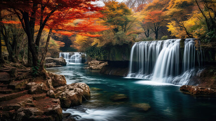 Majestic waterfall surrounded by vibrant autumn foliage