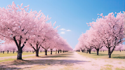 Blossoming cherry blossom trees under a clear blue sky