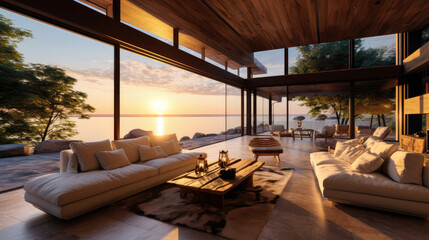 Fototapeta premium Stylish spacious living room with large panoramic windows. Desig