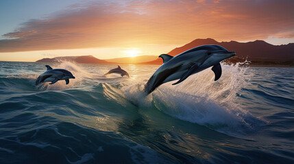Playful dolphins leaping in perfect harmony as they ride the waves