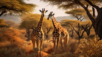 Graceful giraffes gracefully nibbling leaves from the tallest trees on the African plains - obrazy, fototapety, plakaty