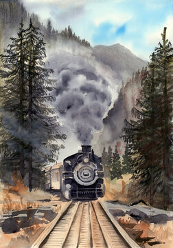 Watercolor painting depicting a steam locomotive riding on railroad tracks among tall pine trees with misty mountains in the background