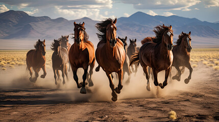 Energetic wild horses galloping freely across a vast desert landscape
