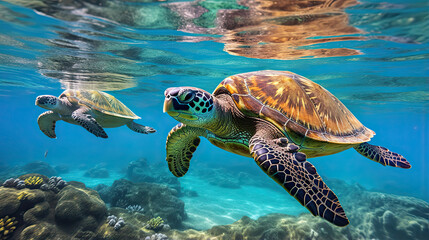 Serene sea turtles gracefully gliding through the crystal-blue ocean waters