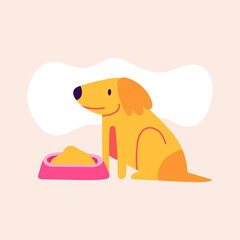 Vector illustration of a dog in front of a food bowl