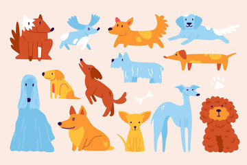 Big vector collection of different dog breeds. Funny cartoon characters.