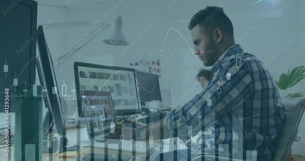 Poster animation of multiple graphs over asian man working on laptop and desktop in office