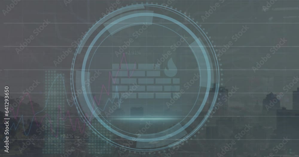 Poster animation of firewall icon, cyber security text, statistical data processing over view of cityscape