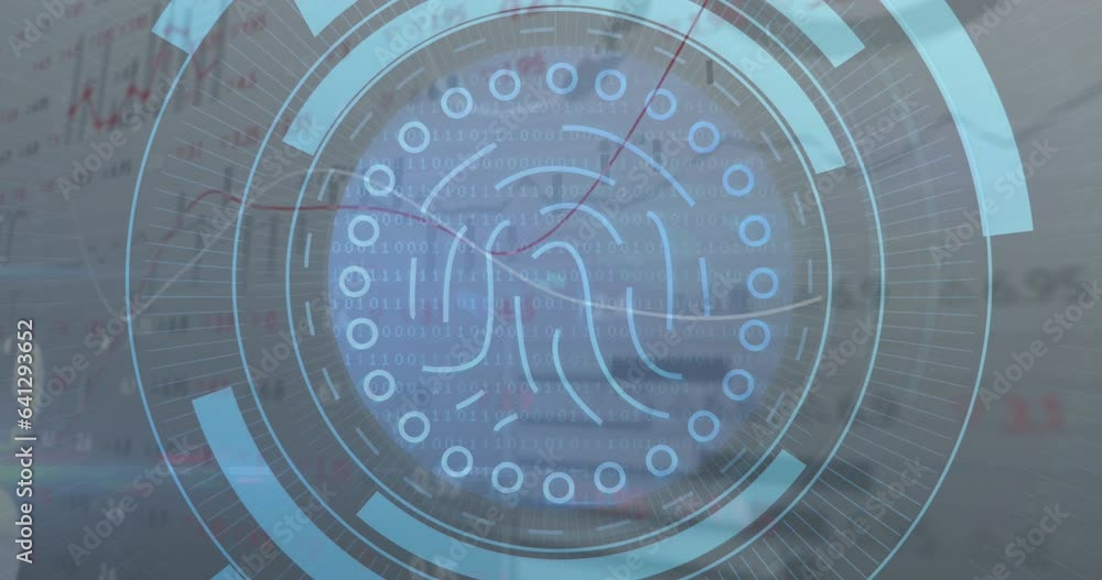 Aufkleber animation of biometric fingerprint scanner and stock market data processing against grey background