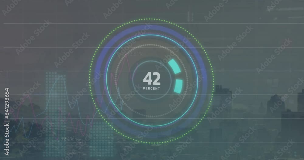 Poster animation of increasing percentage on round scanner, statistical data processing against cityscape