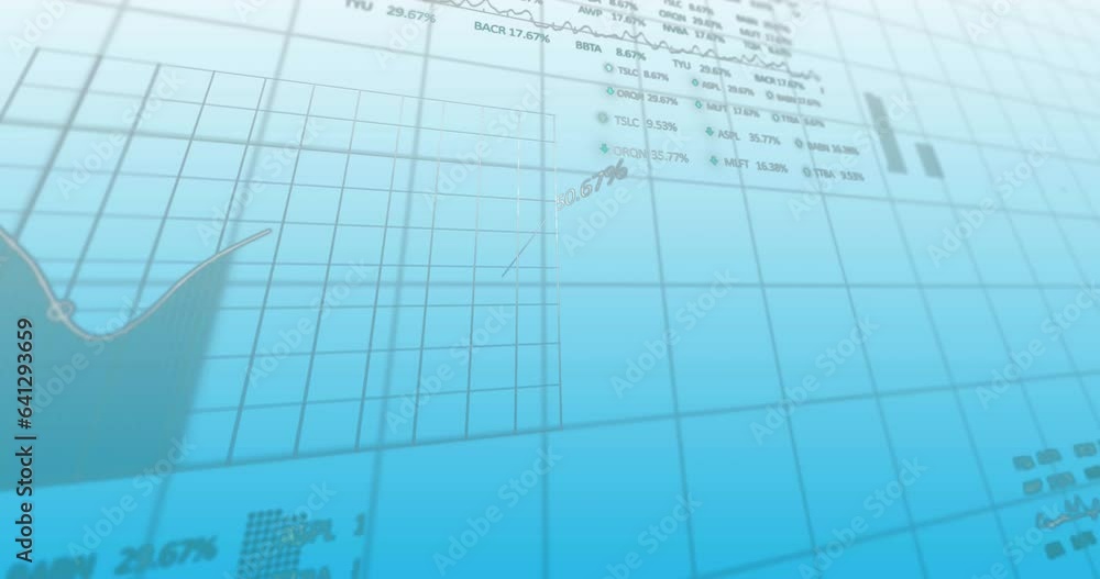 Poster animation of statistical and stock market data processing against blue gradient background