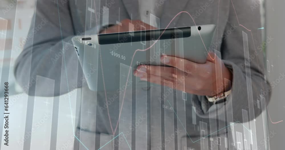Poster animation of statistical data processing over mid section of businessman using tablet at office
