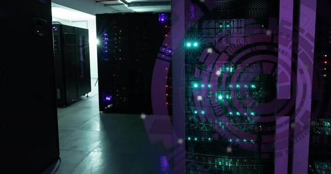 Animation of purple round scanner spinning against computer server room - Powered by Adobe