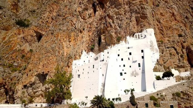 Incredible Monastery In Amorgos, Aerial, Backward Move Camera View