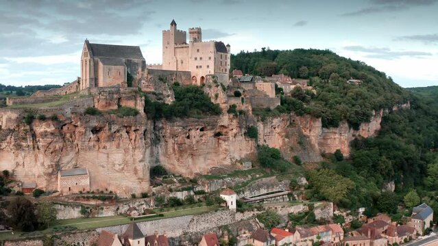 Close-up Of Beynac Castle On Massive Rock, Cinematic France.