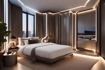  a 3D rendering of a small bedroom designed with a futuristic and tech-forward approach