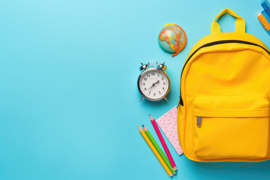 Backpack with colorful school supplies on blue background. Back to school concept. Top view. Copy space. Flat lay. Banner