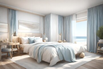 Fototapeta na wymiar a 3D rendering of a small bedroom with a beachside theme. 