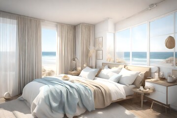  a 3D rendering of a small bedroom with a beachside theme. 