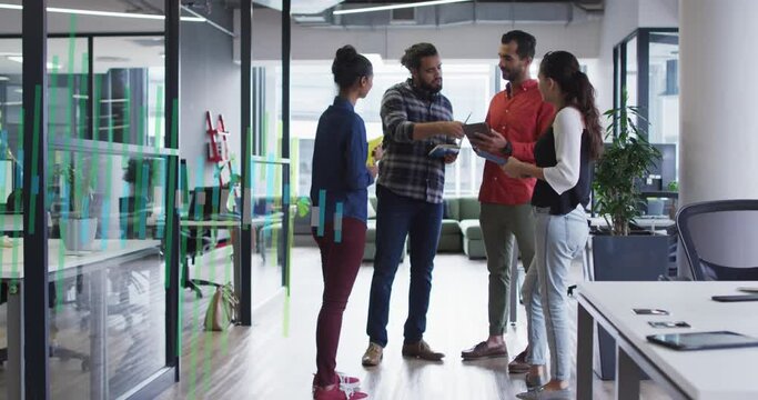 Animation of data processing against team of diverse colleagues discussing together at office