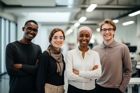 diverse team of virtual assitants softly smiling focused on the project tech. generative AI