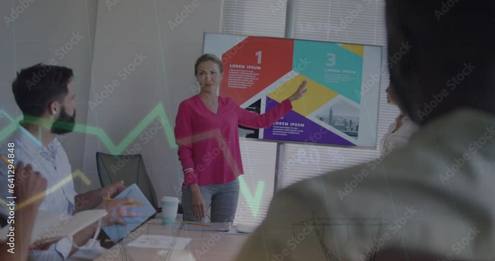 Poster animation of statistical data processing against team of diverse colleagues discussing at office