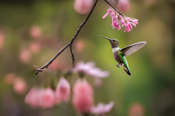 Wing dances, a splendid Hummingbird of the Trochilidae family among the flowers