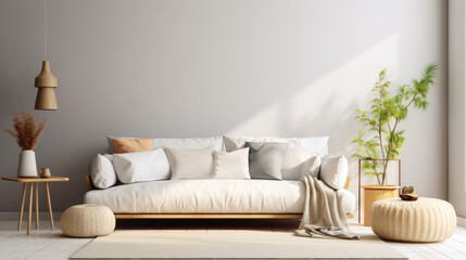 Modern living room design interior, beige furniture, bright wall
